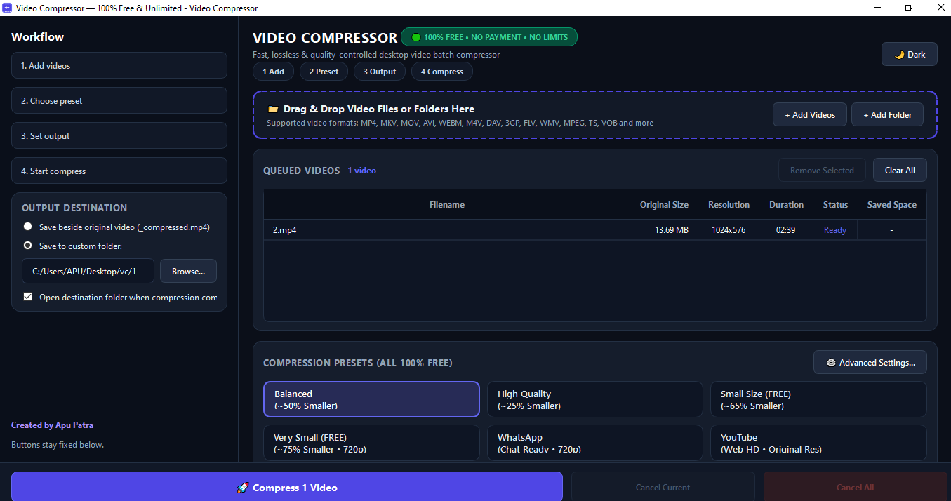 Video Compressor Free desktop app screenshot showing video compression settings